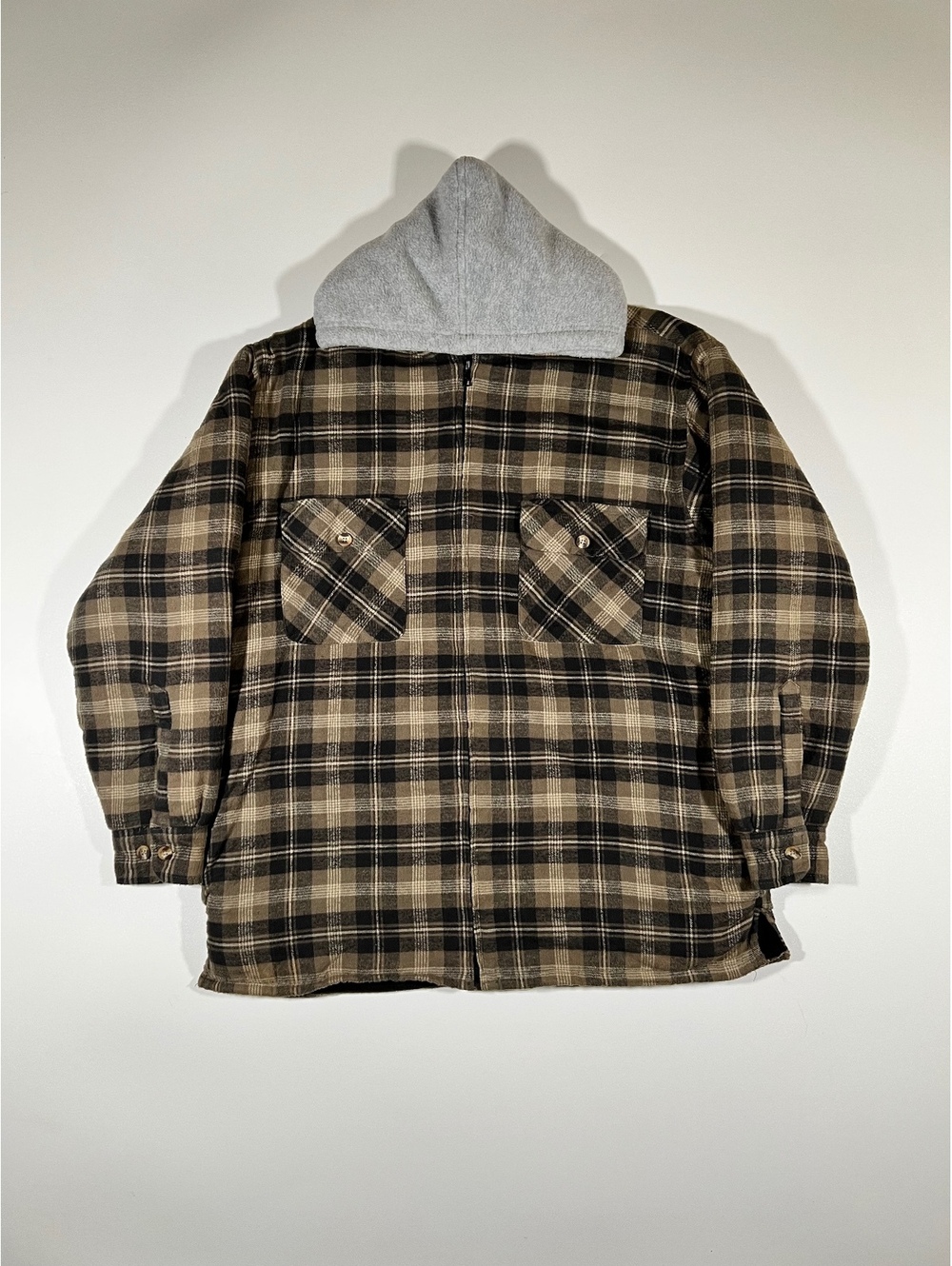 Ozark Trail Flannel Hooded Jacket Men's Brown Black Fleece-Lined Sherpa Hood